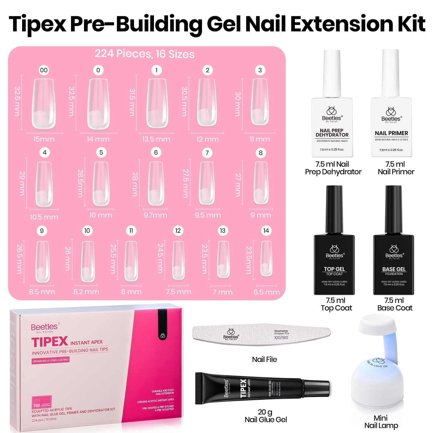 Beetles Tipex Instant Apex Nail Tips Kit, Coffin Long 224Pcs 16 Sizes Pre-Building & Pre-Etched Thicker Acrylic Nails False Nail Extension with Tipex Nail Glue Mini Nail Lamp