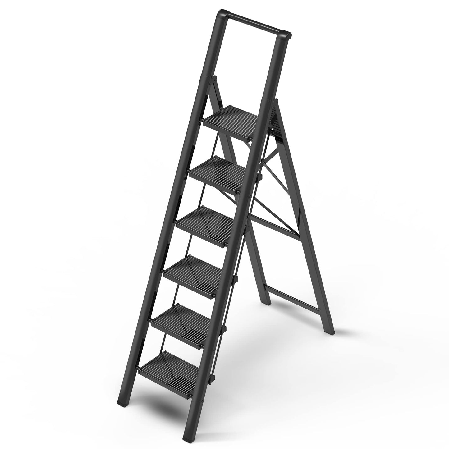 GameGem 6 Step Ladder for 12 Feet High Ceiling, Lightweight Aluminum Folding Step Stool with Convenient Handgrip, Stepladders with Anti-Slip and Wide Pedal for Home Use Space Saving - Black