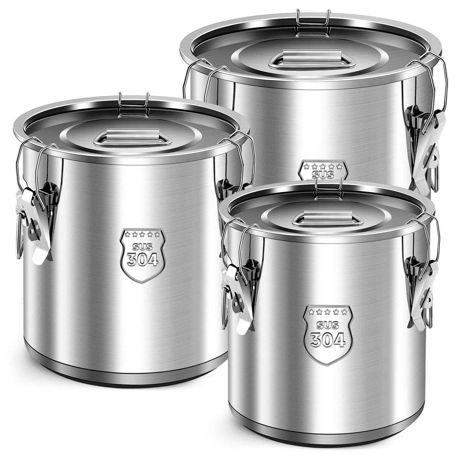 Suclain 3 Pack 3.2Gal/ 5.5Gal/ 8.7Gal 304 Stainless Steel Airtight Food Storage Containers with Locking Lids – Large Canisters for Dog Food, Flour, Rice, Coffee