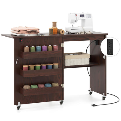 Nightcore Folding Sewing Table, Multipurpose Craft Table with Charging Station, Lockable Casters, Rack and Storage Shelves, Space-Saving Cart, Sewing Desk Cabinet for Living Room Home Studio
