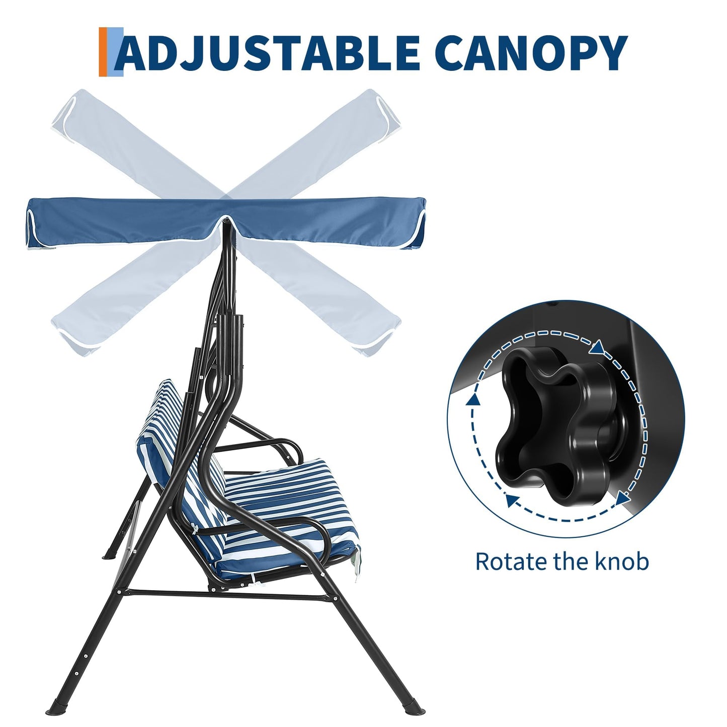 Outdoor Patio Swing Chair with Adjustable Canopy 3-Seat Heavy-Duty Steel Frame Porch Swing with Stand Thick Waterproof Cushions for Garden Backyard Lawn Front Porch