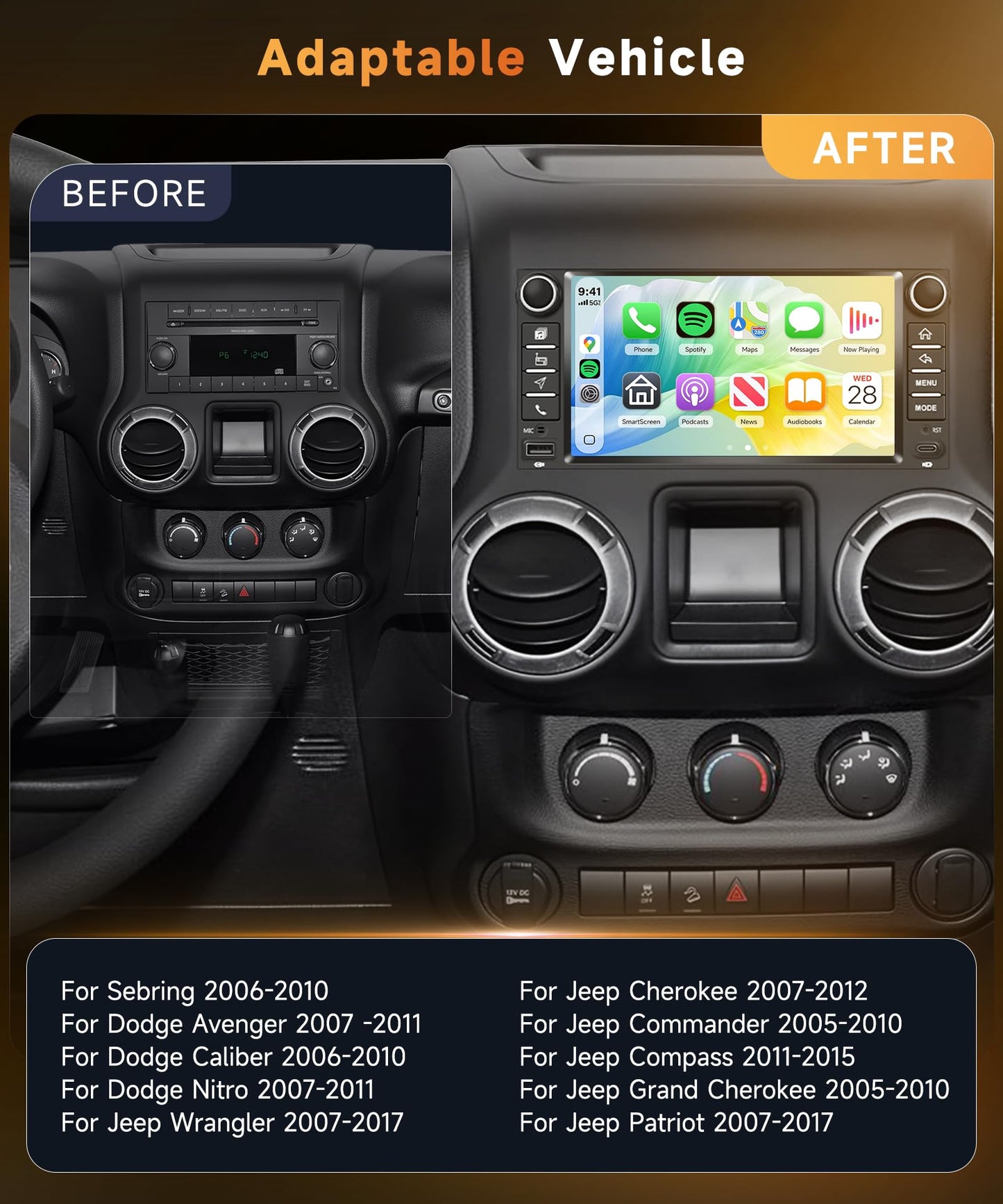 4G+64G Car Stereo forfor Jeep Wrangler JK 2007-2018 Dodge, Wireless CarPlay Android Auto, 7'' IPS Touch Screen Android 15 Car Stereo with GPS, WiFi, Bluetooth, FM, EQ, SWC, Backup Camera