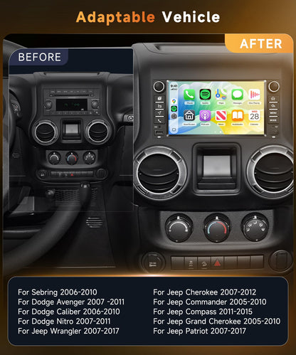 4G+64G Car Stereo forfor Jeep Wrangler JK 2007-2018 Dodge, Wireless CarPlay Android Auto, 7'' IPS Touch Screen Android 15 Car Stereo with GPS, WiFi, Bluetooth, FM, EQ, SWC, Backup Camera