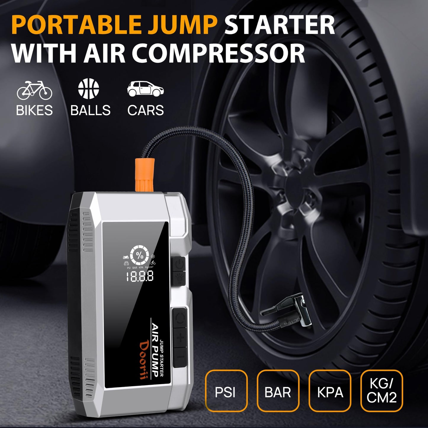 Doorii 8000A Car Jumper Starter Portable with PD65W USB-C Charging(in/Out), 11-in-1 Jump Starter with Air Compressor, 150PSI Tire Inflator for Up to All Gas/12L Diesel
