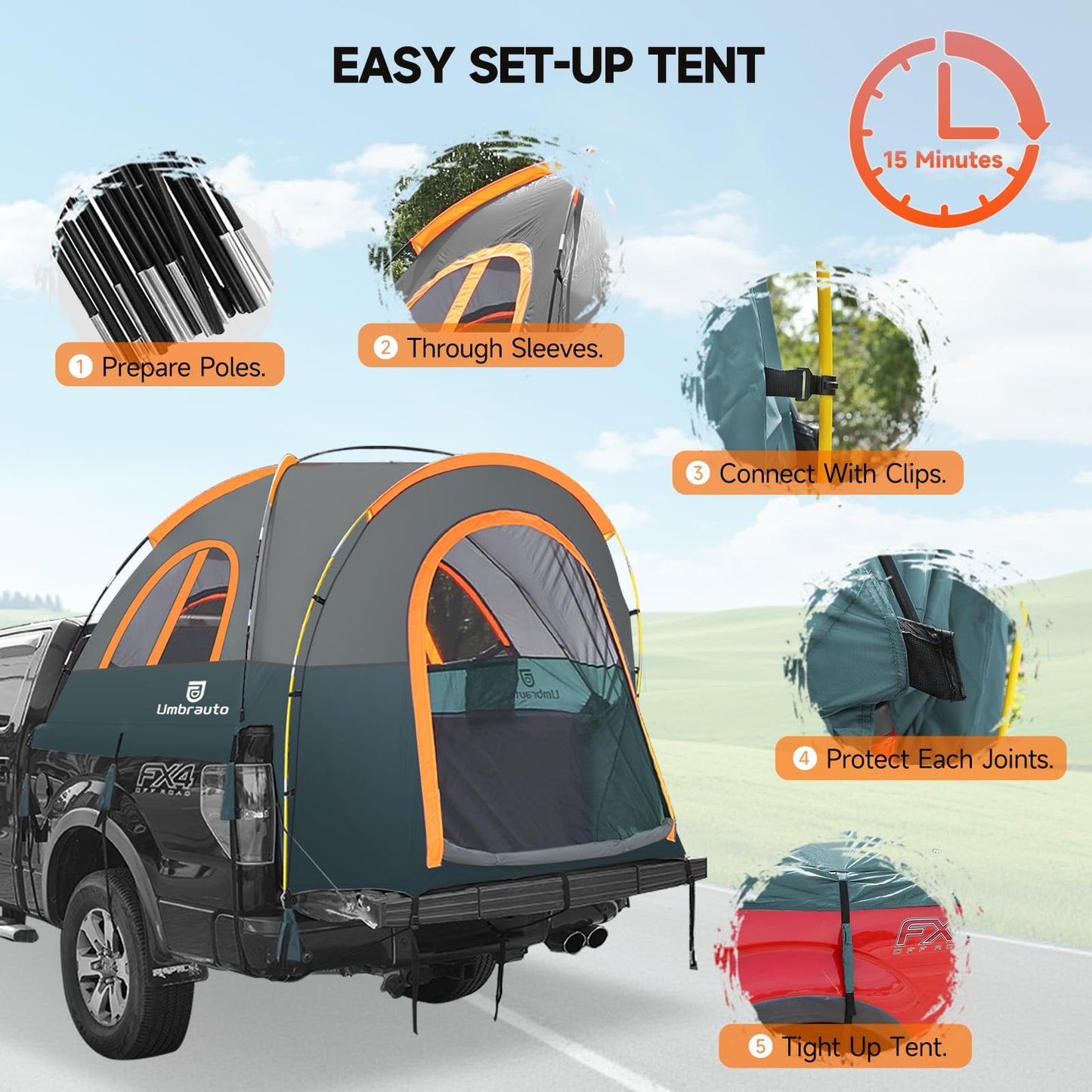 Truck Bed Tent 6.4' ~ 6.7' Easy Set Up Umburato Pickup Truck Tents for Camping, Waterproof PU3000mm Canopy for Truck Camper, Portable, Spacious for 2 Person Green