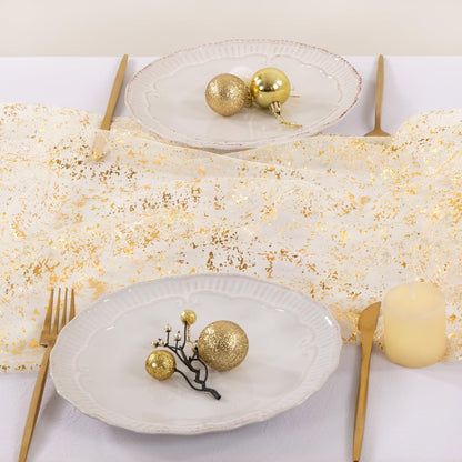 Socomi Gold Table Runner - Sheer Glitter Tulle for Weddings & Parties | 10FT Beige Centerpiece Decor