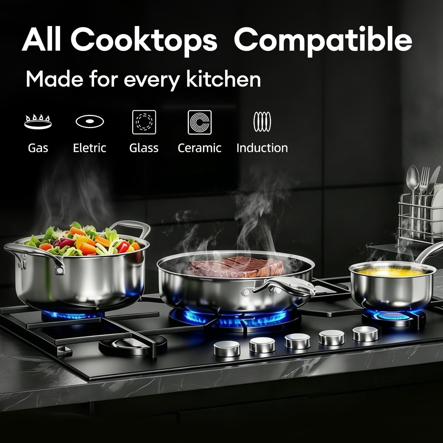 COOKER KING Non Stick Pots and Pans Set, 10pcs Hybrid Stainless Steel Cookware Set, Frying Pans, Saucepans, Saute Pan & Stock Pot, Non Toxic, Oven & Dishwasher Safe, Induction & All Cooktop Compatible