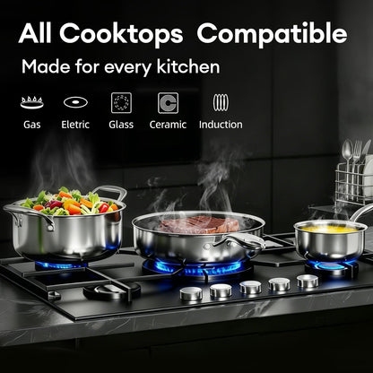 COOKER KING Non Stick Pots and Pans Set, 10pcs Hybrid Stainless Steel Cookware Set, Frying Pans, Saucepans, Saute Pan & Stock Pot, Non Toxic, Oven & Dishwasher Safe, Induction & All Cooktop Compatible