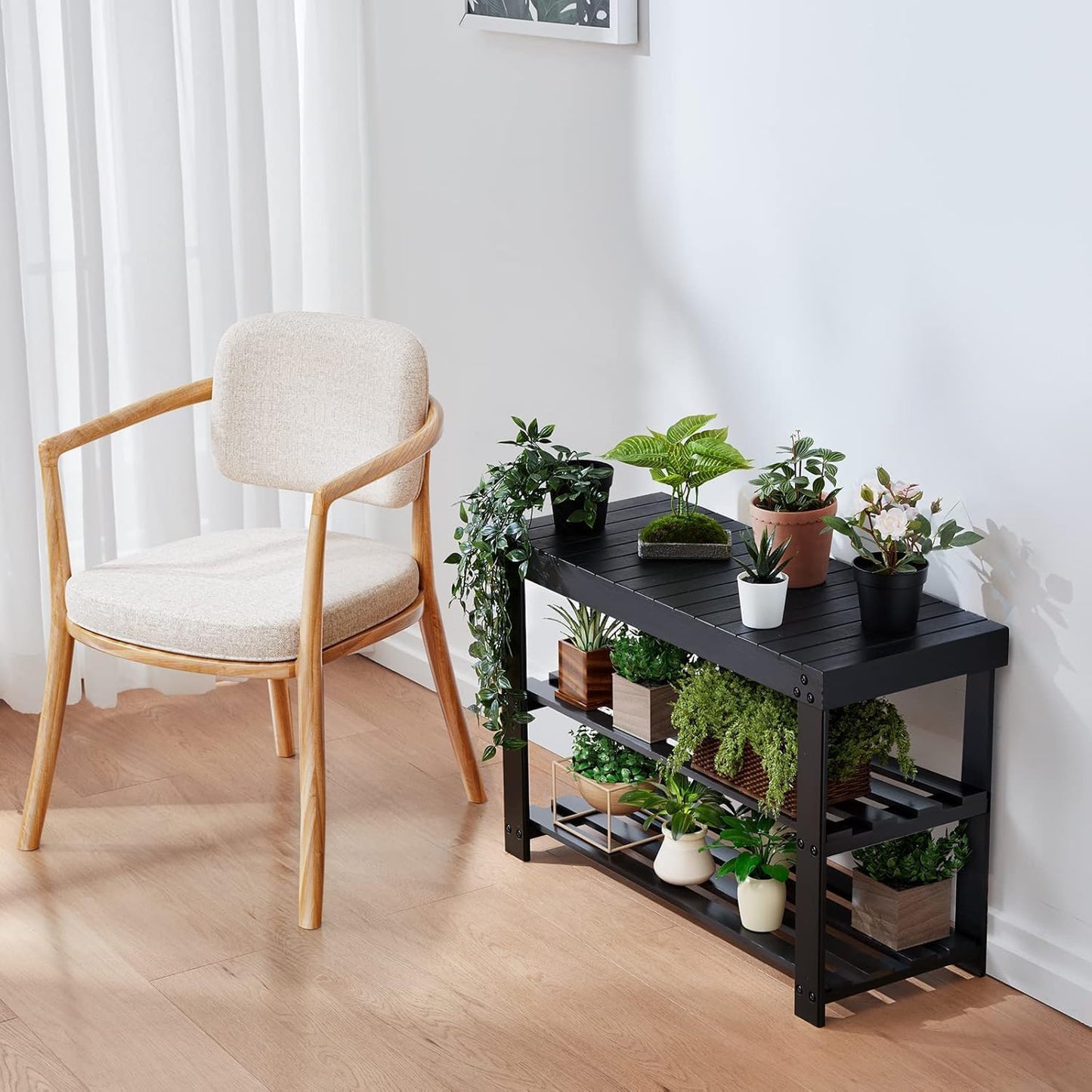 Pipishell Bamboo Shoe Rack - 3-Tier Sturdy Organizer Bench | Holds Up to 300lbs - Black