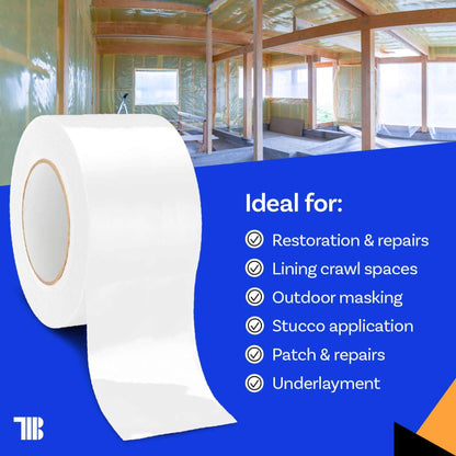 Vapor Barrier Tape - 4 inch x 180' Roll, Made in USA, White Polyethylene Tape for Crawl Spaces & Moisture Barriers, Waterproof Seal & Seam Tape for Underlayment, Insulation, and Plastic Liners (12)