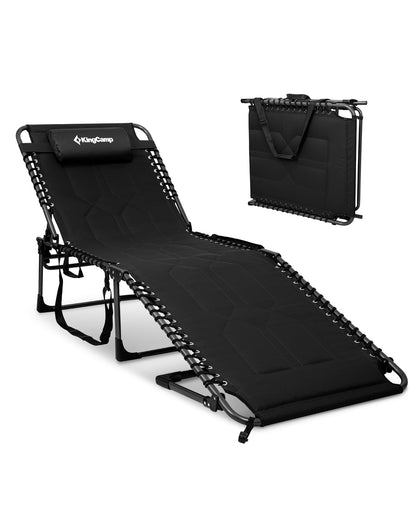 KingCamp Oversized Tanning Chair, Extra-Wide Padded Folding Chase Lounge Chairs Portable Adjustable 5-Position 440lbs Heavy Duty Lounger with Double-Layer Oxford for Outdoor Beach Patio Sun Pool Black