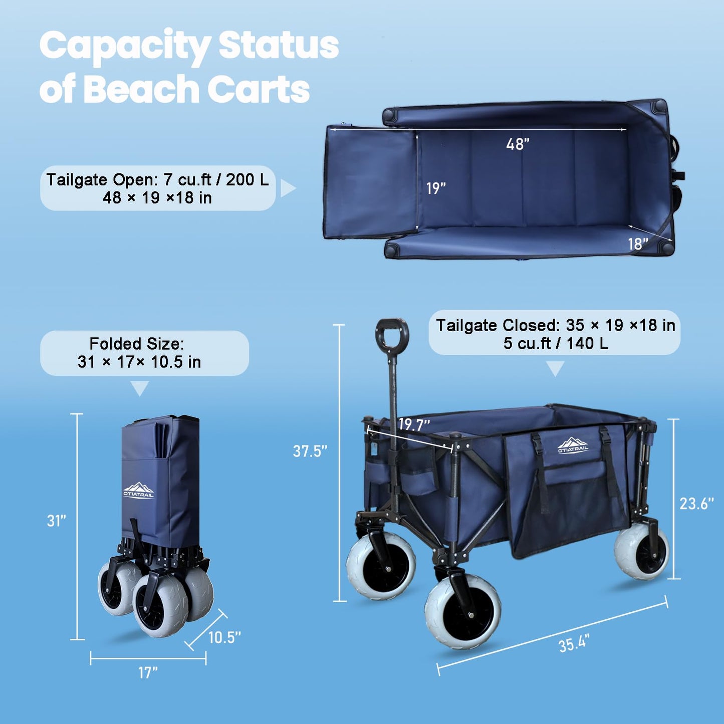 OTIATrail Beach Wagon, Big All-Terrain 9"x4" PU Wheels for Sand, 200L Large Capacity & 330lbs Heavy Duty, Collapsible Utility Wagon with Extended Tailgate for Beach Camping Outdoors