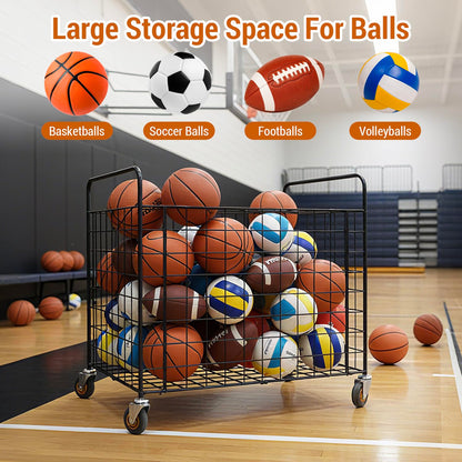 MyGift Ball Storage, Basketball Holder, Professional Gym Metal Multi Sports Ball Cart with Jumbo Industrial Wheels, Commercial Grade Portable Equipment Locker Cage for Football, Soccer, Volleyball