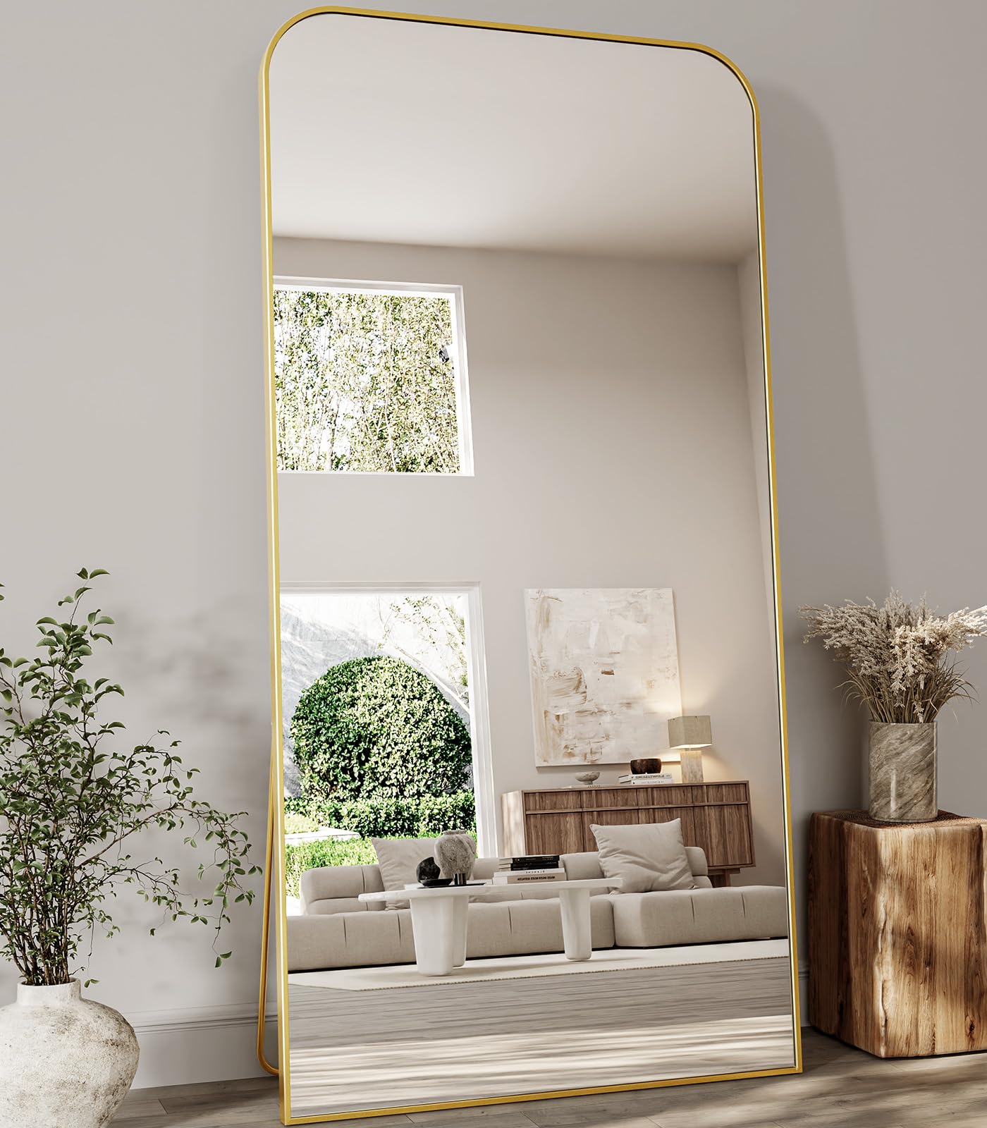 Koonmi Full Length Mirror, 80"x36" Mirror Full Length with Stand, Gold Domed Top Square-Edged Floor Mirror with Aluminum Alloy Frame for Bedroom Living Room