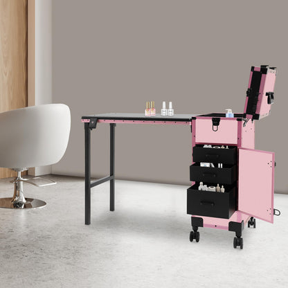 faoeqqEga 3 Tier Rolling Makeup Case w/Mirror, 110 Lbs Foldable Beauty Station w/Lighted Vanity, Aluminum Frame Travel Cosmetic Organizer for Stylist & Salon (Pink)