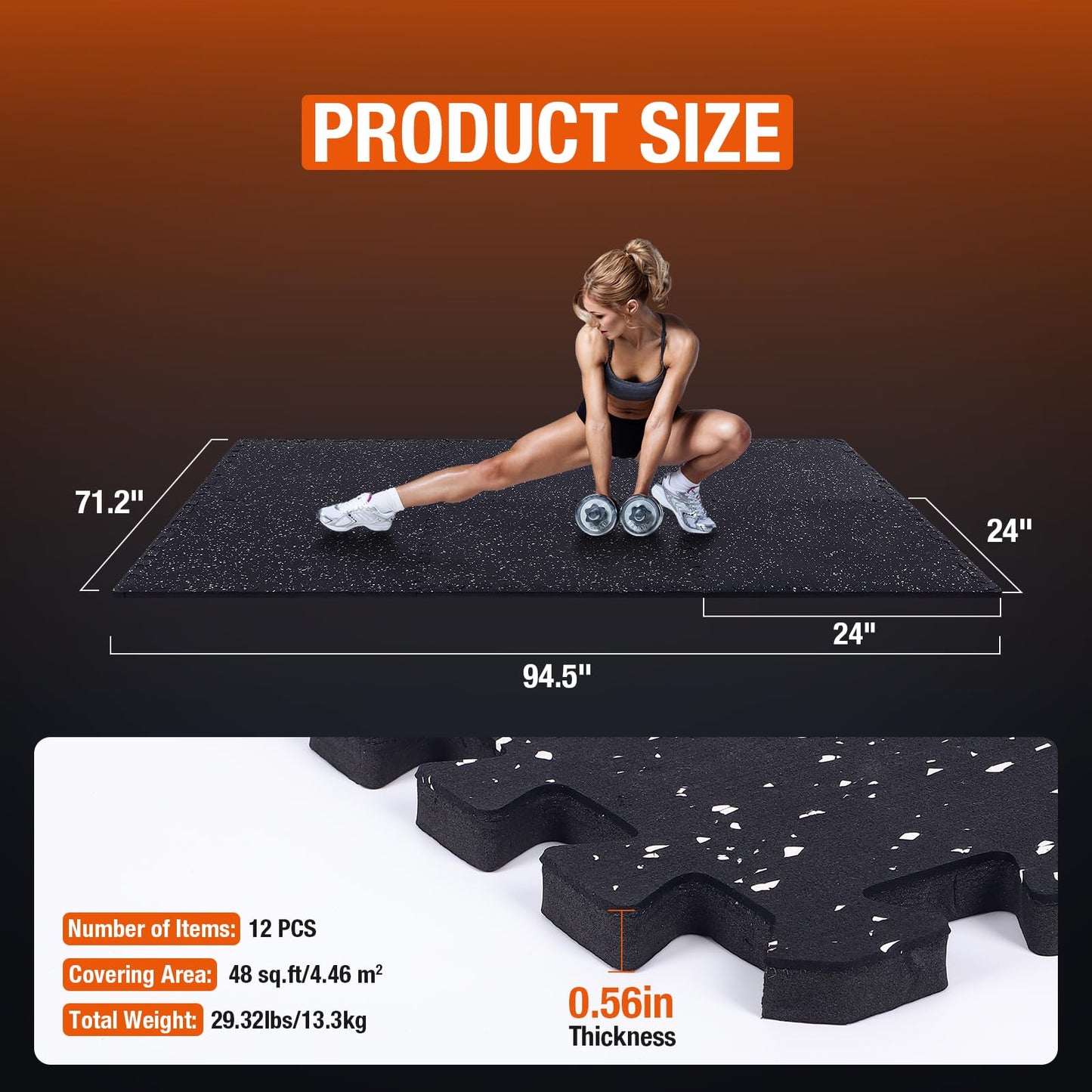 FAHKNS Gym Mat, 0.56'' Thick Exercise Equipment Mats,12 Pcs 48 Sq Ft Rubber Top Floor Tiles, EVA Foam Exercise Mat Tiles - Durable, Non-Slip, Interlocking Mat, Gym Flooring for Home Gym