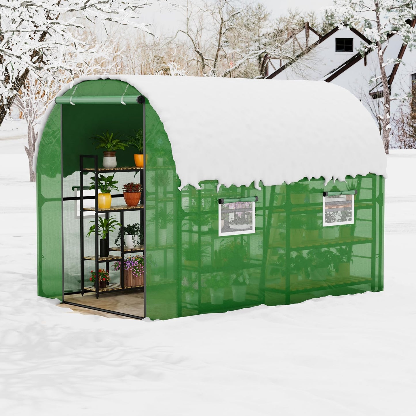 GarveeHome 6.6X8.2x6.6 Tunnel Greenhouses, Heavy Duty Walk-in Greenhouse for Outdoors with PE Cover, Instant Pop-Up Sturdy Metal Frame Hoop House with Zippered Roll-Up Door &4 Ventilated Mesh Windows