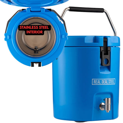 Insulated Beverage Dispenser for Hot Drinks - Hot Cocoa and Coffee - 2 Gallon with Stainless Steel Interior- Portable Sports Drink Dispenser for Camping, Outdoor Events, Parties, & More - Blue