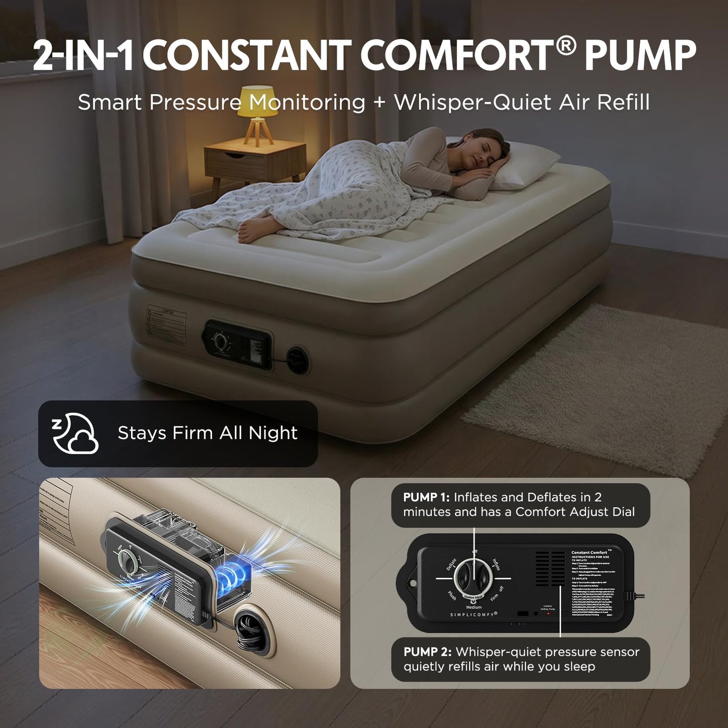 Simpli Comfy Twin Air Mattress with Built-in Patented Constant Comfort Dual Pump, 18" Raised Blow-up Colchon Inflable Mattress, Three Adjustable Firmness Settings, Self-monitoring Air Retention System