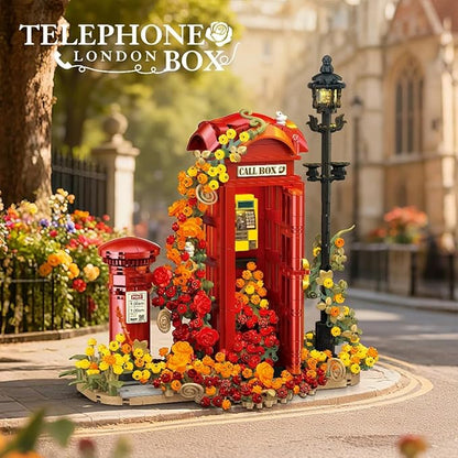 London Retro Red Telephone Booth Architecture Set with LED Lighting Creative Flores Phone Box for The Office and Home Set Adult Collector Decor 1142pcs
