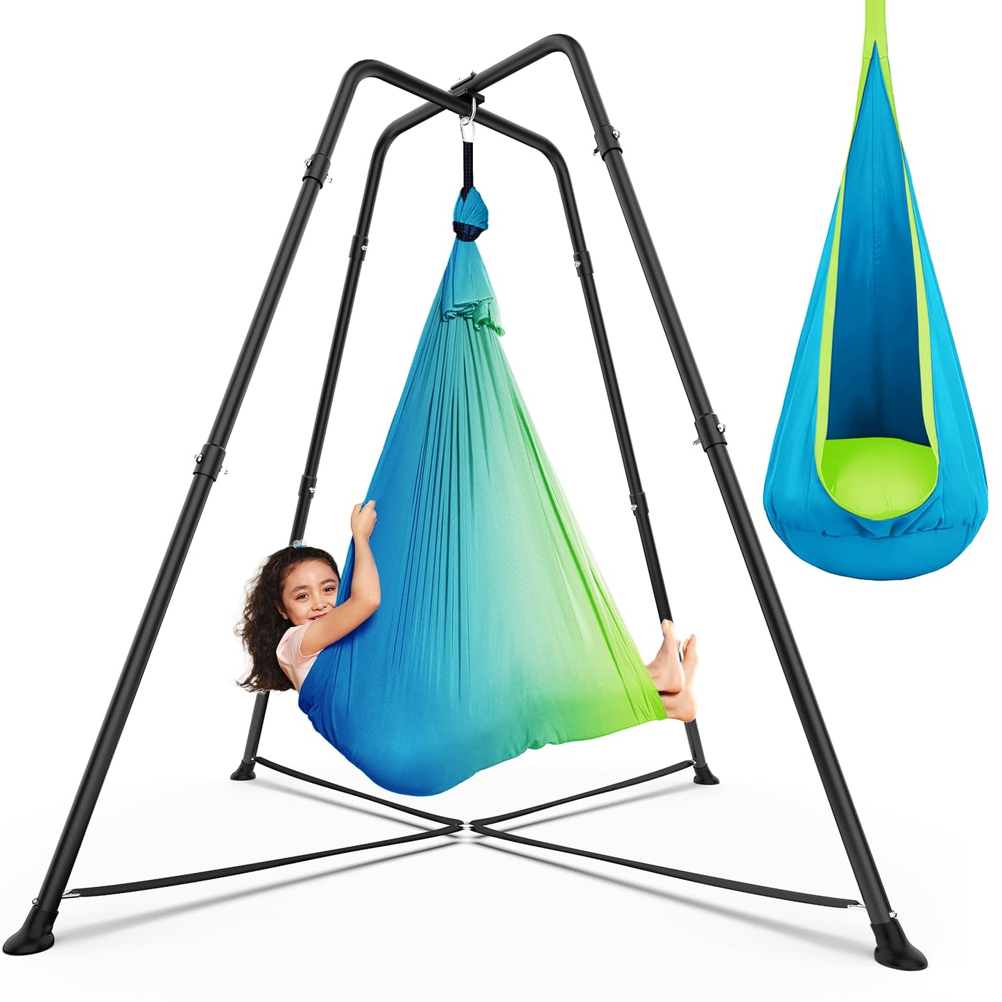 Swing Stand with Sensory Swing, Swing Frame with Pod Swing, X-Shaped Swing Set, Metal Swing Chiar with Stand for Adults Indoor and Outdoor 330LBS (Aqua Gradient)
