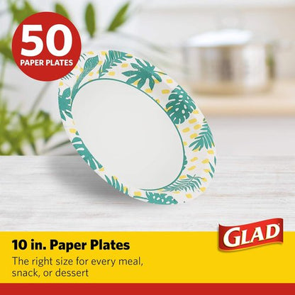 Glad Round Disposable Paper Plates - Soak Proof & Cut Resistant - Palm Leaves Pattern, 10 Inch, 50 Count