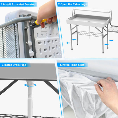 SHAREWIN Ice Cooler Folding Table with Metal Side Desktop, Double-Layer Party Chilling Table with Drain and Detachable White Skirt to Keep Drinks Cool, Ice Bar for Weddings, Outdoor, Picnics，Pool
