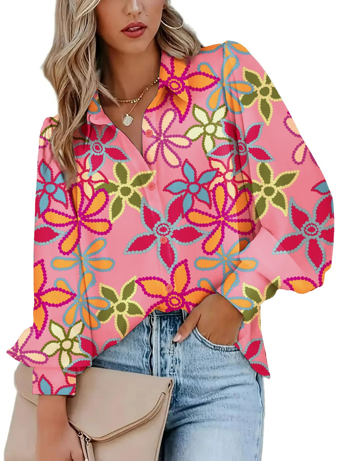 Zeagoo Womens Shirts Button Down Printed Lantern Long Sleeve Blouse Fashion Casual Tops 2025