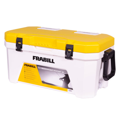 Frabill Magnum Bait Station 30 | 30 Quart Bait Cooler with Dual Aeration, White and Yellow