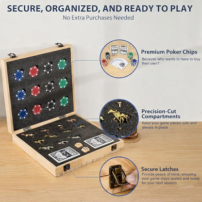 Horse Racing Board Game - 23x12 - Derby Classic Horse Race Game with 11 Metal Horses - Foldable Wood Horse Game with Dice Premium Chips &amp 2 Packs of Cards - Natural Wood