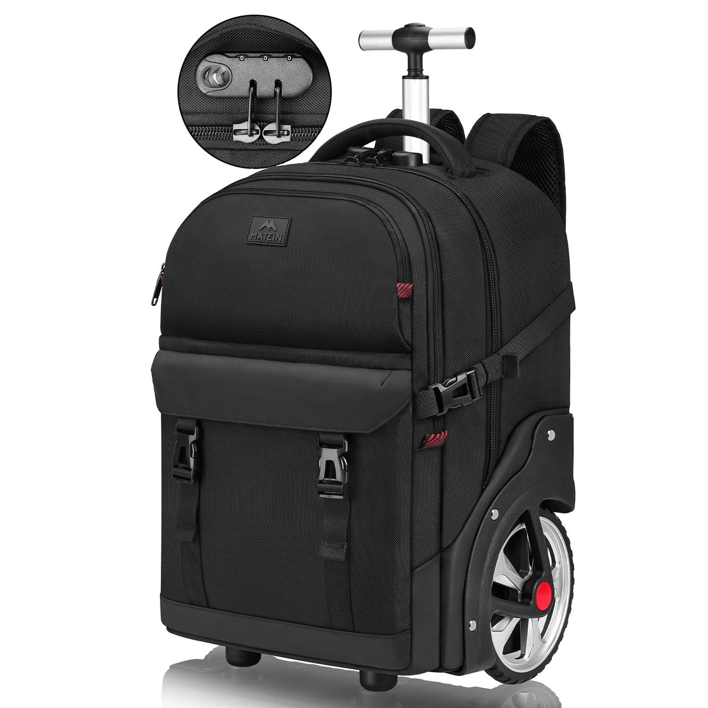 MATEIN Rolling Backpack for Men with Wheels, 17 Inch Large Wheeled Backpack with Combination Lock, Water Resistant Anti Theft Travel Laptop Backpack for Adults Work Business, Black