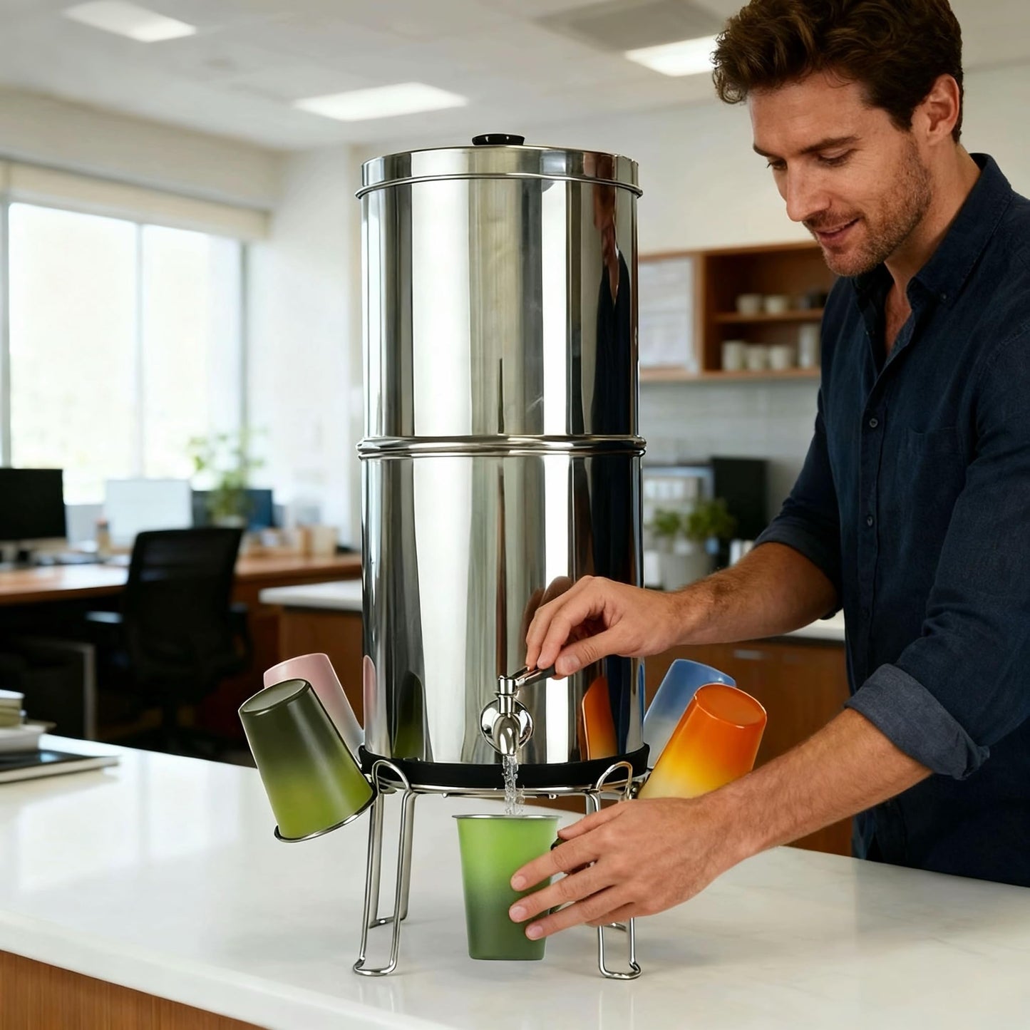2.25G Ultra-Filtration Gravity Water Filter System-304 Stainless Steel Countertop System with Handle,2 Shut-Off Valves,4 Cups+Holders,2 Carbon Filters and Stand,NSF/ANSI 42 Certification