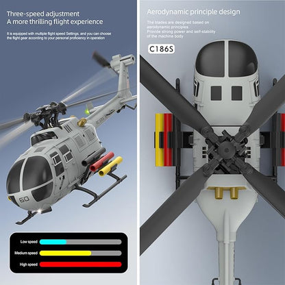 C186S Upgraded Version 6CH Remote Control Helicopter for Adults 14y+ Beginner Expert Aileronless BO-105 Air Pressure Hold Optical Flow Position Aerobatic Flight 6-Axis Gyroscope (Grey 2 Batteries)