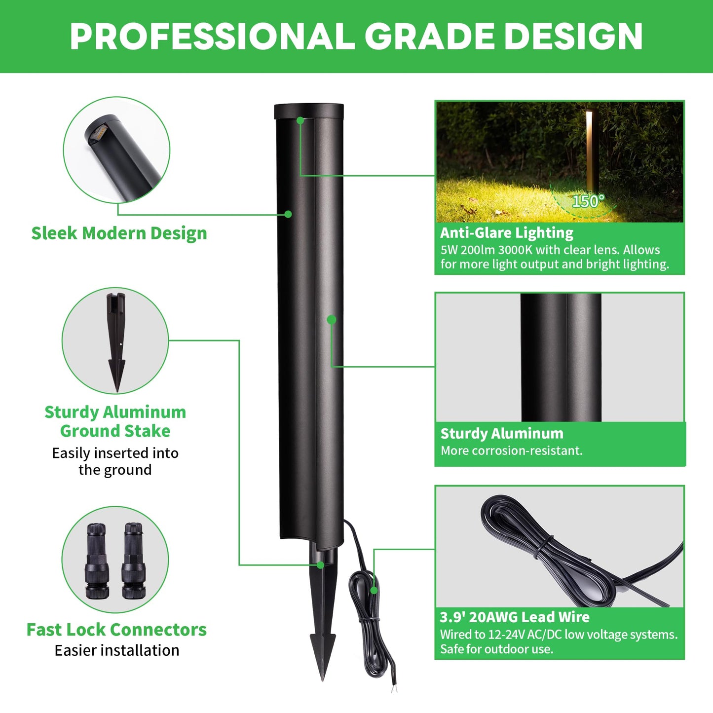 Varmtalys Outdoor Path Lights, LED Landscape Pathway Lights, 12V Low Voltage Wired, Waterproof 5W 200LM Black Aluminum for Backyard Patio 6 Pack