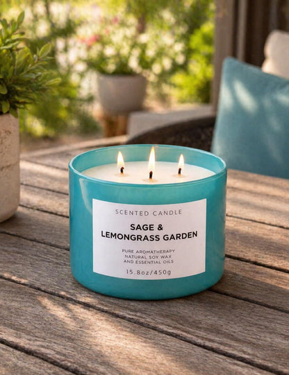 Sage Lemongrass Garden Scented Candle | 3 Wick Large Soy Candles for Home 15.8oz | Fresh Clean Herbal Citrus Candle | Long Lasting Clean Burn | Aromatherapy Stress Relief Gift for Women & Men