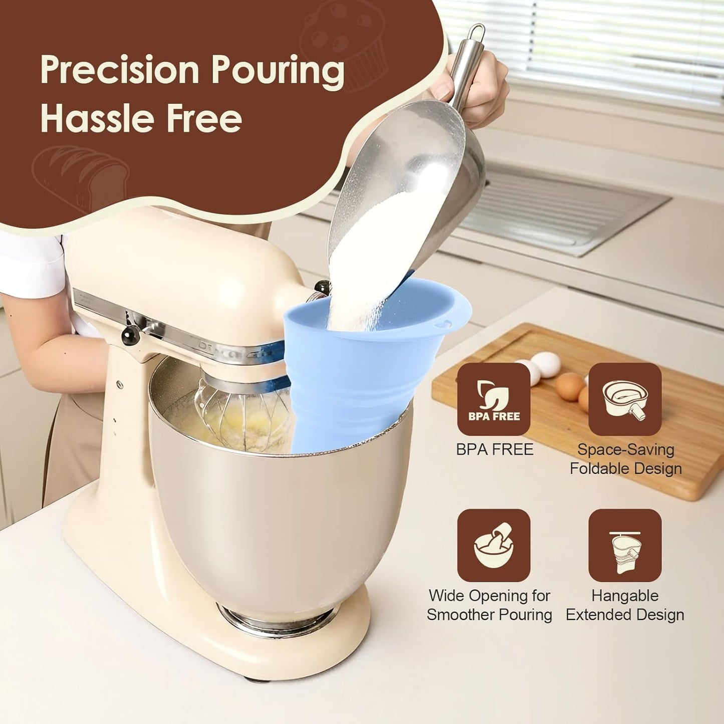 Skiennix Foldable Silicone Flour Funnel - Spill-Free Precision Pouring for KitchenAid Mixers 4.5-5 Qt (Blue)