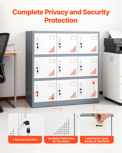 VEVOR 9 Doors Metal Locker for Employees, Steel Locking Storage Cabinet with Card Slot and Ventilation, 2 Keys for Each Door, Employee Lockers for Office, School, Gym, Home, Easy Assembly, Gray