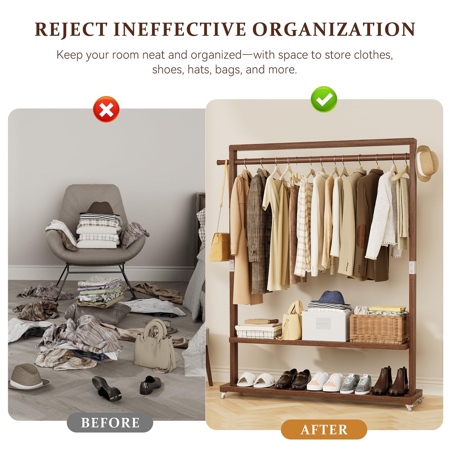 Wamhom Solid Wood Clothes Rack with Wheels | 3-in-1 Freestanding Garment Rack & Coat Tree, Extra-Long Rod, Two Shelves, 220 lb Load | Organizer for Bedroom & Entryway