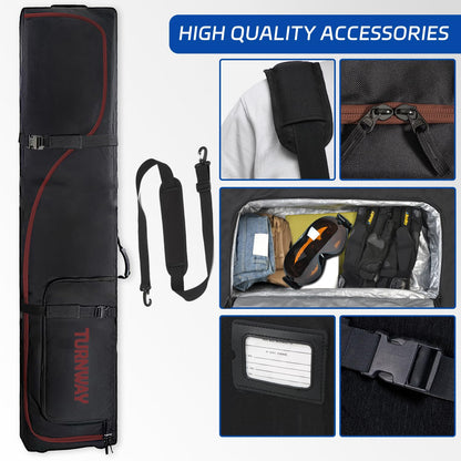 TurnWay Padded Ski Bag with Wheels for Air Travel, Double Rolling Snowboard Bag Heavy Duty Waterproof for Storage & Transportation of Snowboard/Ski Gear (Black-Red)