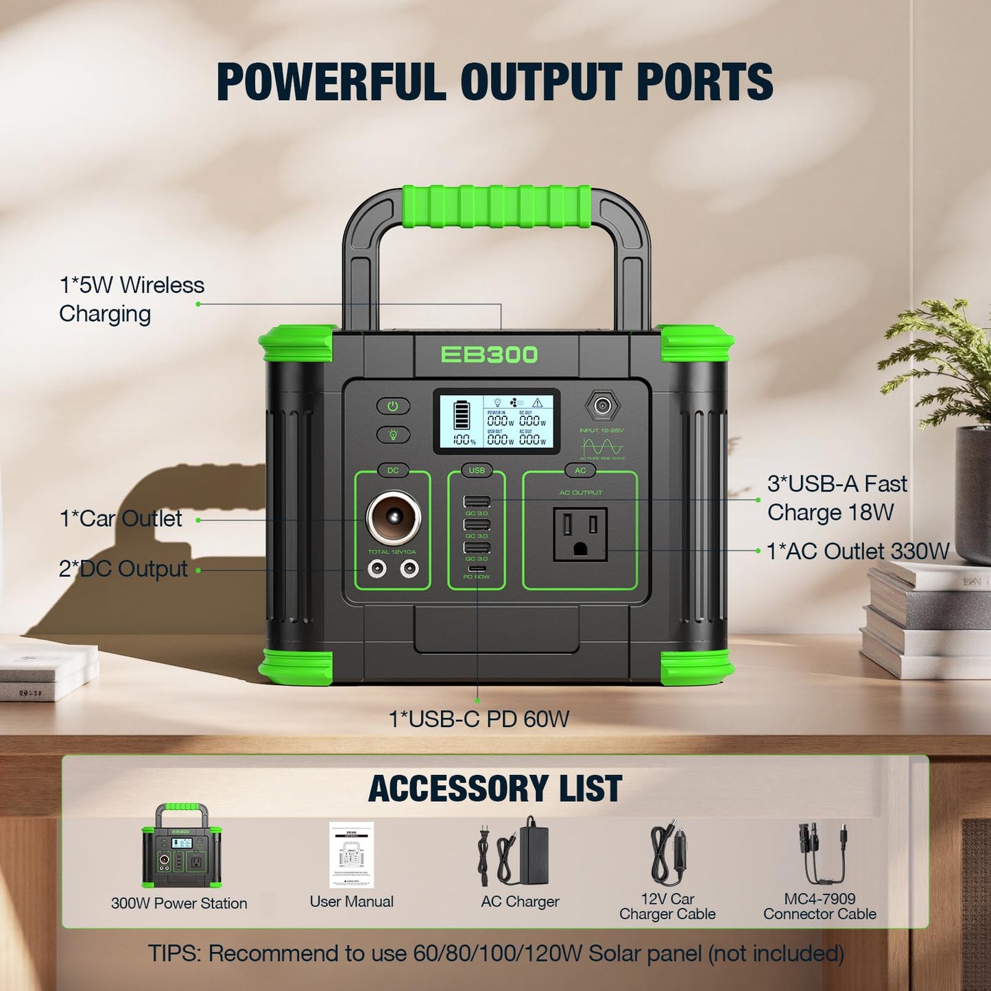 Portable Power Station 330W, 288.6Wh Solar Generator with 60W USB-C PD Output, 120V Pure Sine Wave AC Outlet, 5W Wireless Charging, 330W Backup Lithium Battery for Outdoor Camping Travel Hunting Home