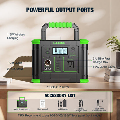 Portable Power Station 330W, 288.6Wh Solar Generator with 60W USB-C PD Output, 120V Pure Sine Wave AC Outlet, 5W Wireless Charging, 330W Backup Lithium Battery for Outdoor Camping Travel Hunting Home