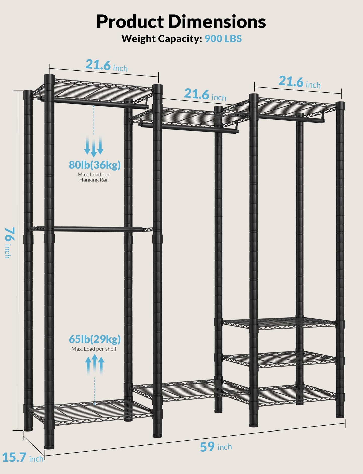 UILNHK Heavy Duty Clothes Rack, Metal Garment Rack 59" W x 15.8" D x 76" H with Hooks, Freestanding Clothing Racks for Hanging Clothes, Portable Closet Organizer 900LBS Max Load, Easy Assembly-Black