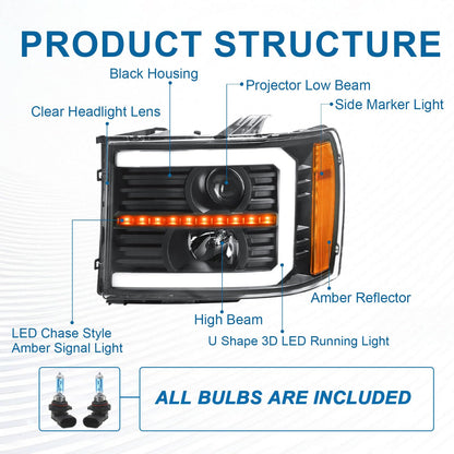 Fullux LED DRL Headlights for 2007-2013 GMC Sierra 1500 07-14 Sierra 2500HD 3500HD No Classic Head Lights Assembly 2PC Replacements Front Left Right Side Headlamp Black Housing Clear Reflector