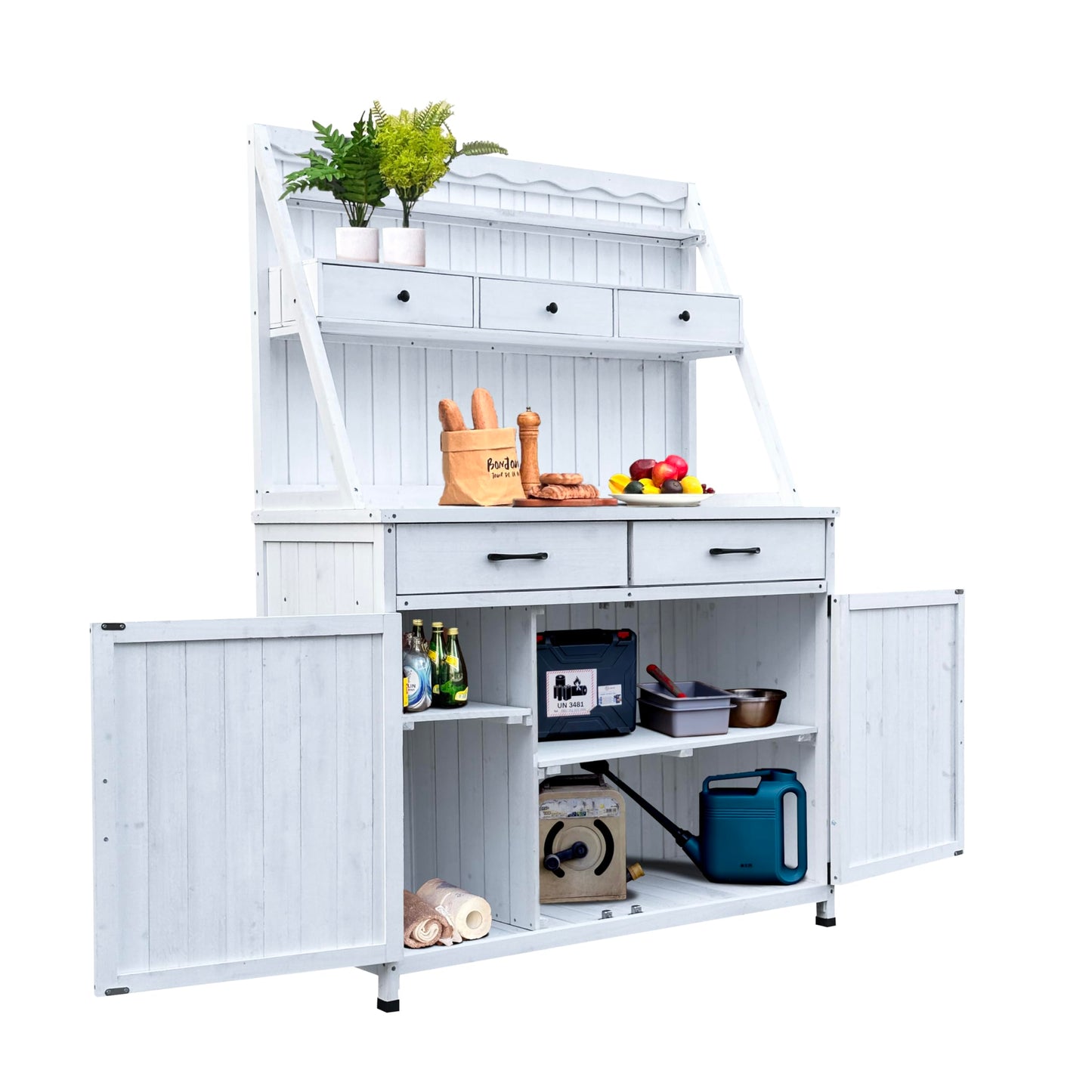 GDFStudio Farmhouse Outdoor Storage Bench Table with Cabinet, Fir Wood Potting Bench Plant Bench, Large Garden Storage Work Bench with Drawers Removable Shelf for Backyard Patio Greenhouse, White