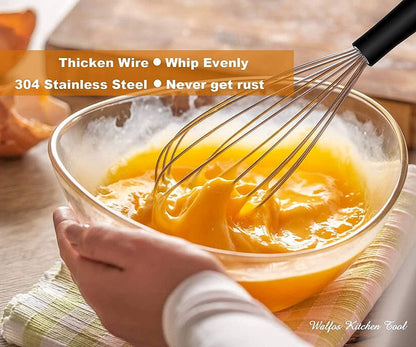 Walfos Whisk,Whisks for cooking set, 304 Stainless steel Whisks,Heat Resistant 600°F.Perfect for Blending Beating Stirring - 11inFlat Whisk and 7+9+11in Balloon Whisk
