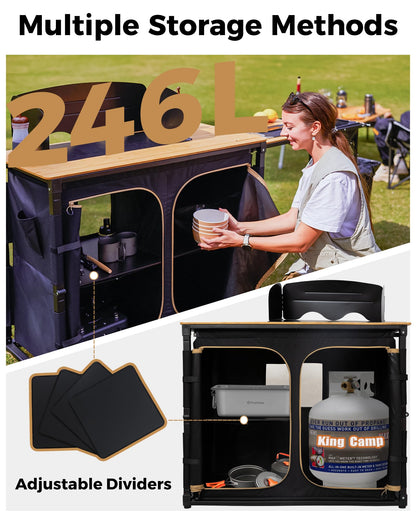 KingCamp Bamboo Camp Kitchen Table, Slide-Out Overland Table with 400L Storage, Portable Outdoor Prep Station with Sink, Windscreen & Lantern Pole for RV, Tailgating, BBQ