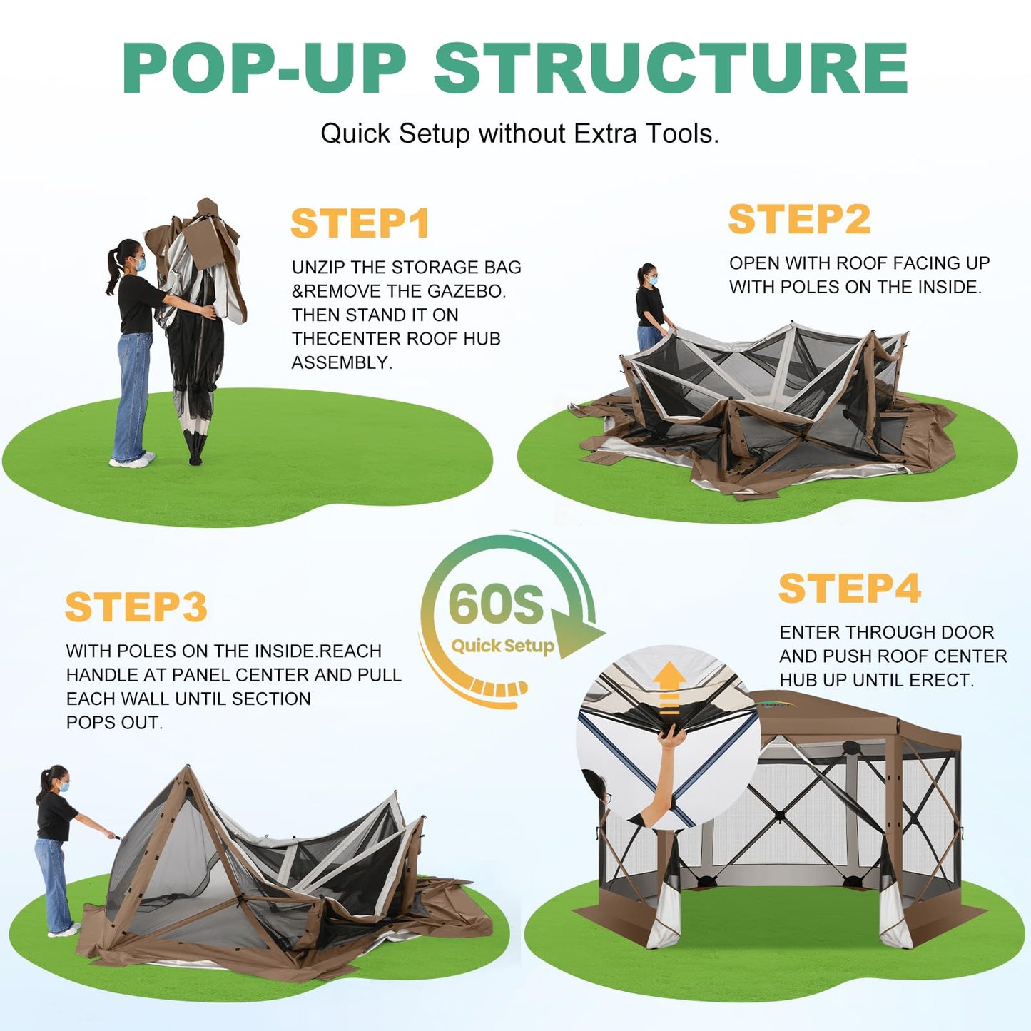 COBIZI 12x12 FT Pop Up Canopy Extendable Tent, Gazebos On Clearance, Screened in Gazebo,Screen Tents Portable carpas para Patio for Outdoor Camping,Backyard, Garden, Brown(Upgraded)