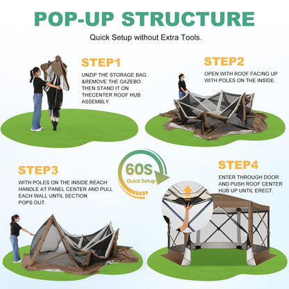 COBIZI 12x12 FT Pop Up Canopy Extendable Tent, Gazebos On Clearance, Screened in Gazebo,Screen Tents Portable carpas para Patio for Outdoor Camping,Backyard, Garden, Brown(Upgraded)