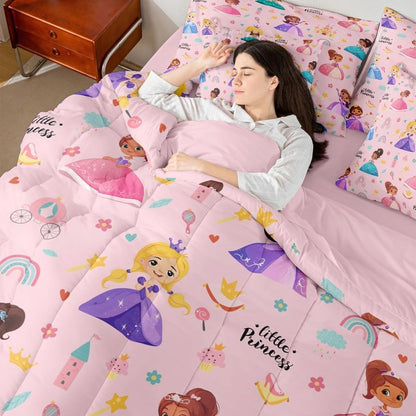 Erosebridal Kids Magical Princess 7 Piece Twin Comforter Set Bed in a Bag, Girly Cute Castle Microfiber Bedding for Sofa, Cartoon Rainbow Fitted Sheets Set for Kids Girls, Pink Princess Bed Set