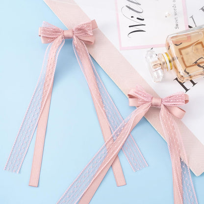 Skiennix Pink Lace Hair Bows - Cute Coquette Bow Clips with Long Tail Ribbons for Women | Perfect for Weddings & Special Occasions